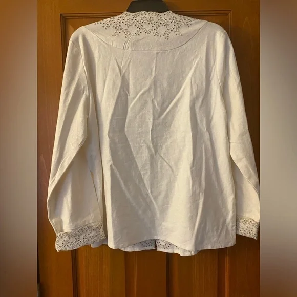SUSAN GRAVER STYLE White Silver Metallic Eyelet Jacket Blazer Linen Blend Medium - Picture 5 of 8